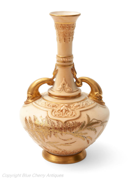 Antique Royal Worcester China Persian Range Dolphin Handled Ivory Colour Vase - Code 1794