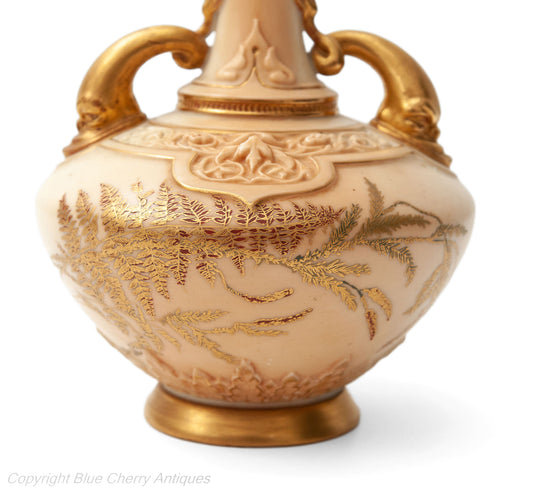 Antique Royal Worcester China Persian Range Dolphin Handled Ivory Colour Vase - Code 1794