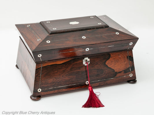 Antique 19th Century Rosewood & Mother of Pearl Ladies Work Box with Lock & Key (Code 1808)