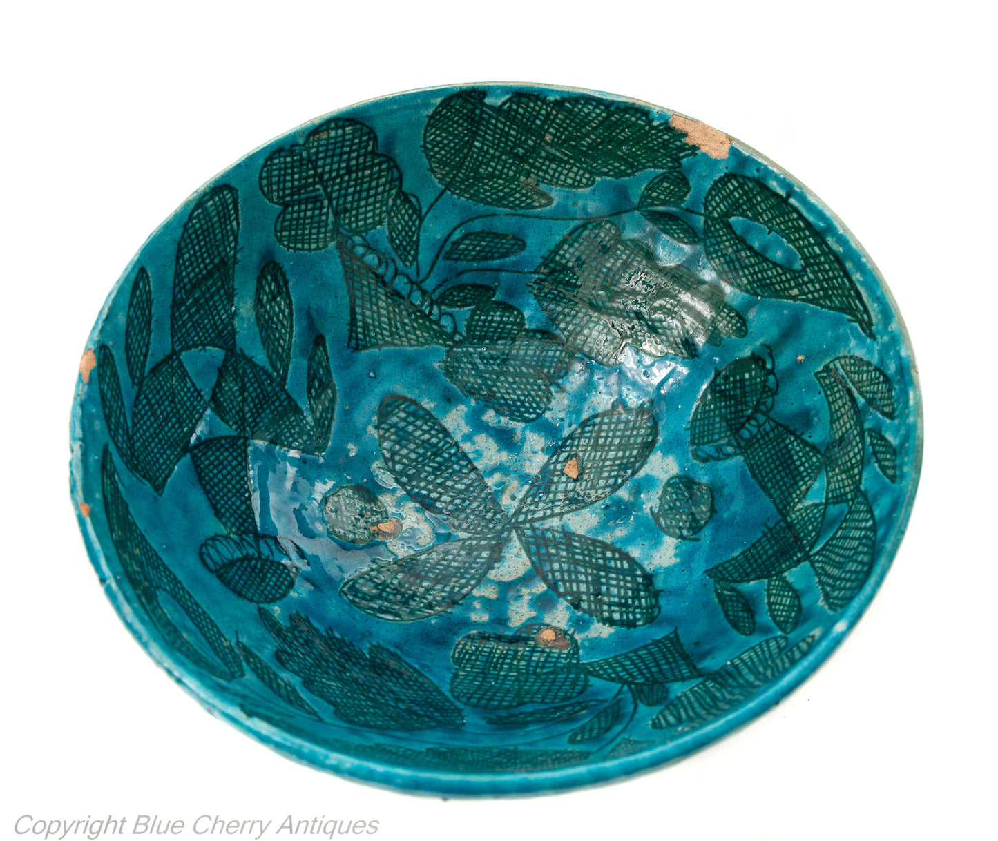 Antique Middle Eastern/ Qajar Large Turquoise Glaze Incised Pottery Bowl (Code 1833)