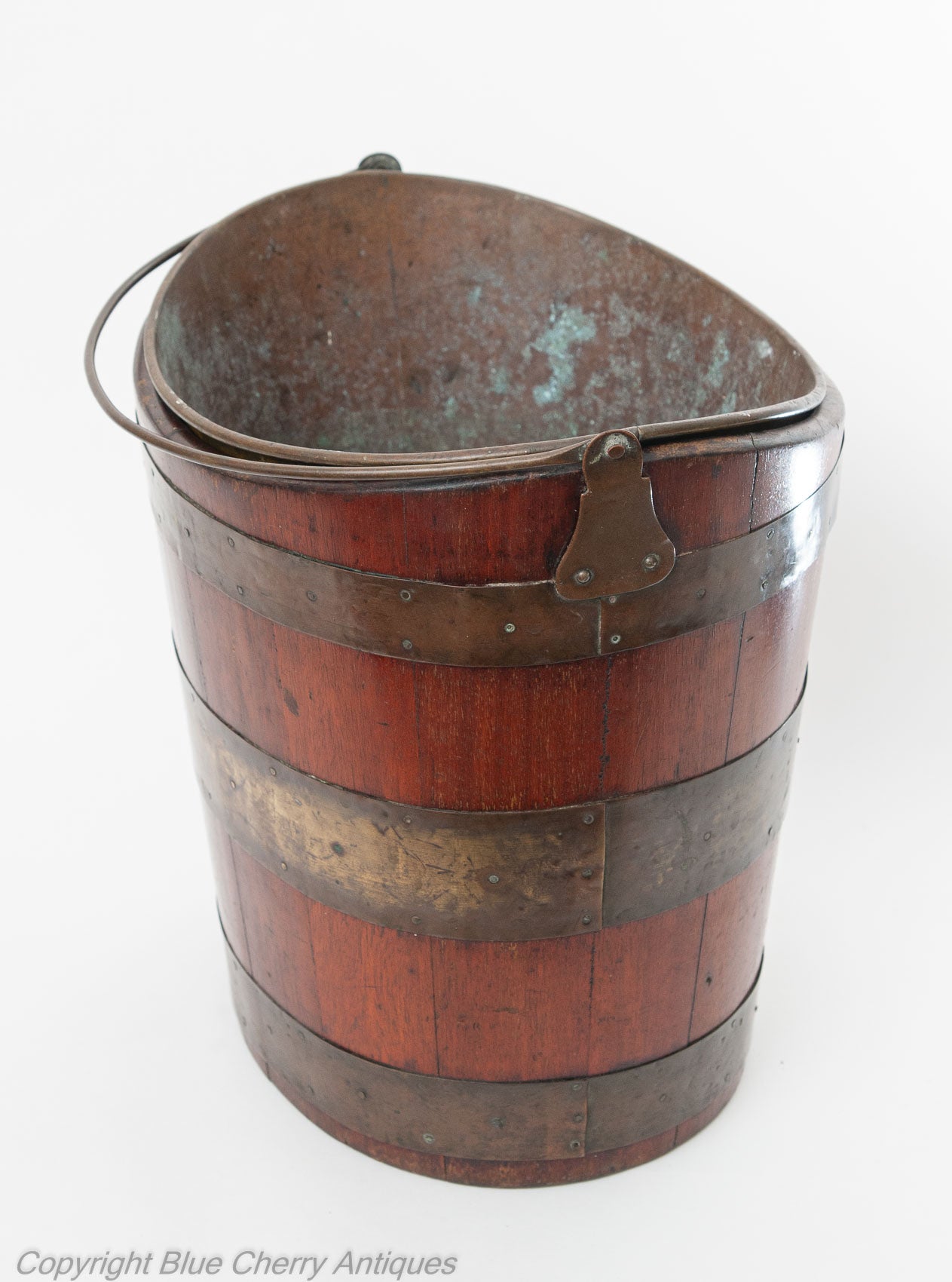 Antique Georgian Mahogany Wood Staved & Brass Peat Bucket with Liner (Code 1847)