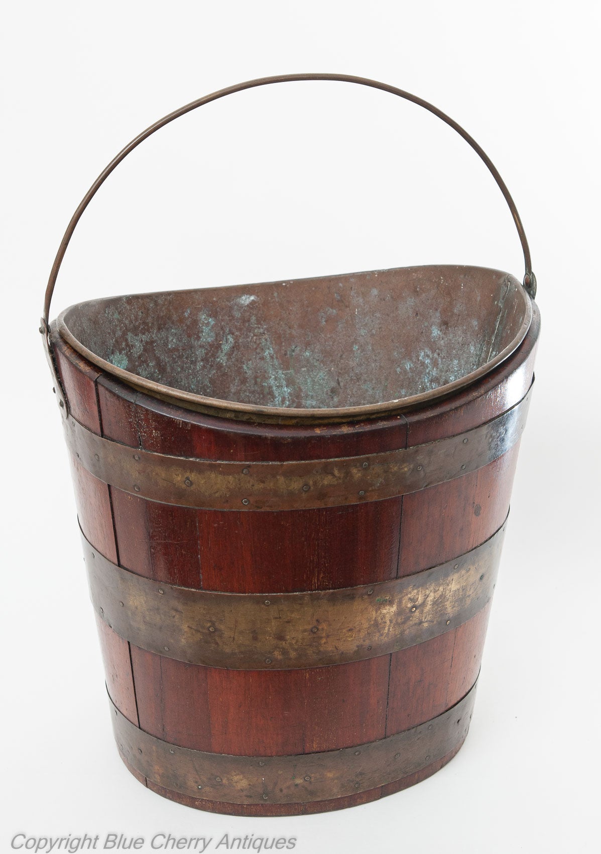 Antique Georgian Mahogany Wood Staved & Brass Peat Bucket with Liner (Code 1847)