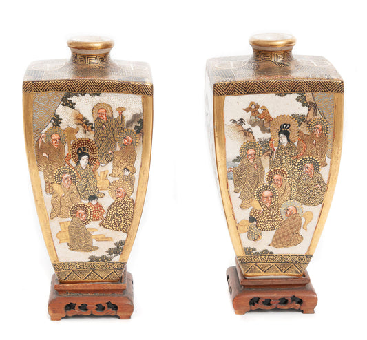 Pair Fine Antique Signed Hododa Japanese Satsuma Ware Vases with Deities (Code 1912)