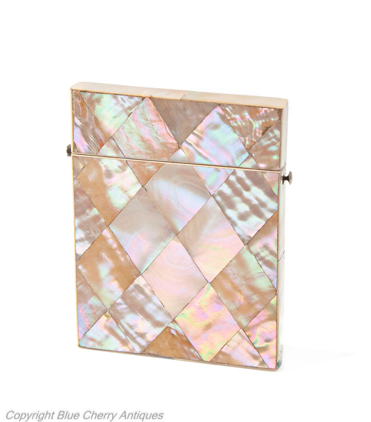 Antique Victorian Calling Card Case with Mother of Pearl Diamond Panels c1870 (Code 1926)
