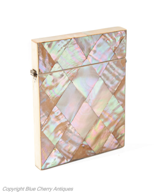 Antique Victorian Calling Card Case with Mother of Pearl Diamond Panels c1870 (Code 1926)