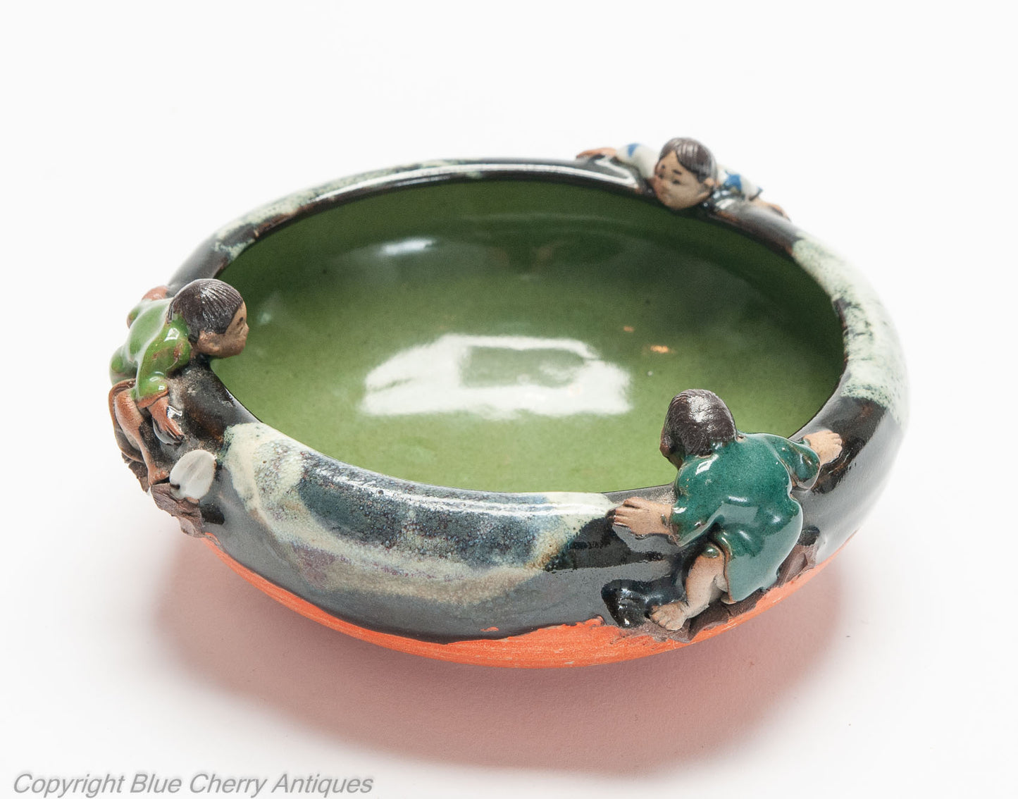 Antique Japanese Sumida Ware Pottery Dish with Three Children - Meiji Period (Code 1979)