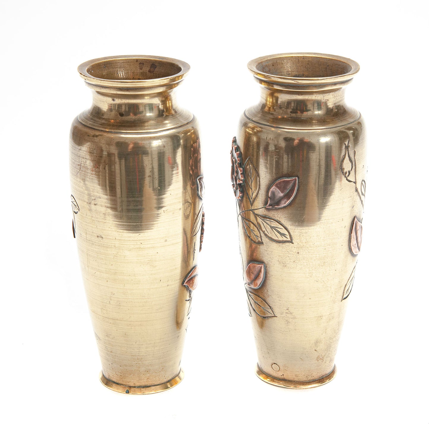 Pair Antique Japanese Meiji Period Mixed Metal Brass Copper & Silver Vases (Code 1985)