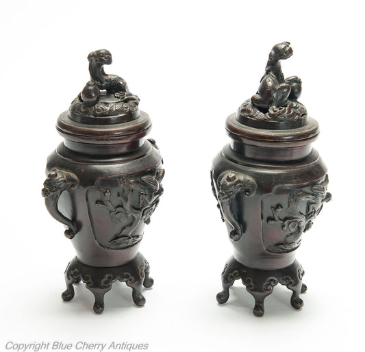 Pair Antique Japanese Meiji Period Patinated Cast Bronze Koro with Foo Dogs (Code 1986)