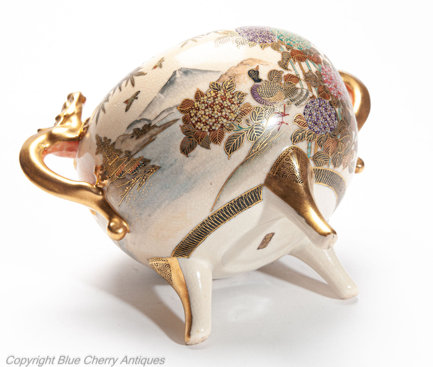 Japanese Satsuma Ware Koro with Ducks and Shishi Lion by Hododa - 19th Century (Code 2026)