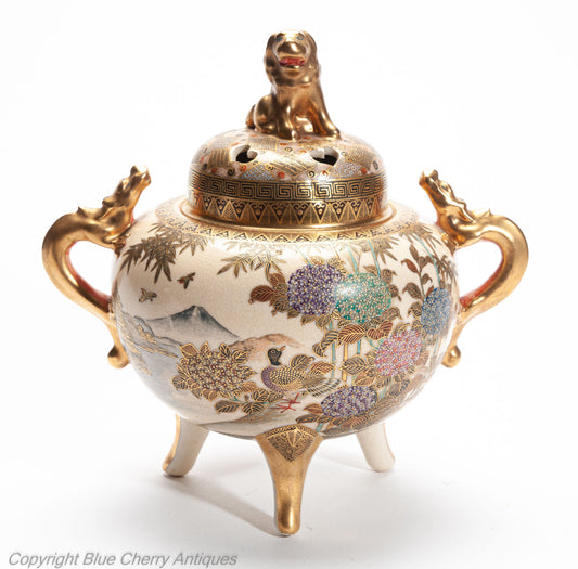 Japanese Satsuma Ware Koro with Ducks and Shishi Lion by Hododa - 19th Century (Code 2026)