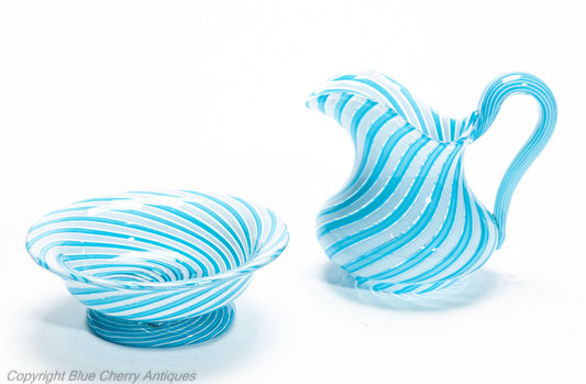 Antique Clichy Swirl Glass Jug & Bowl Set in Aqua Blue - French 2nd Empire c1870 (Code 2028)