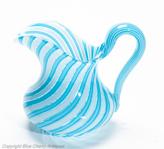 Antique Clichy Swirl Glass Jug & Bowl Set in Aqua Blue - French 2nd Empire c1870 (Code 2028)