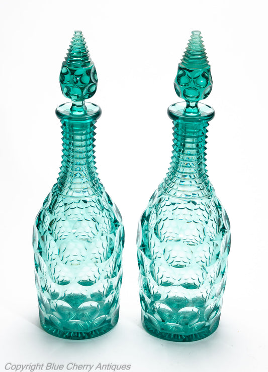Pair Antique Regency/William IV Prismatic & Lens Cut Green Glass Wine Decanters (Code 2035)