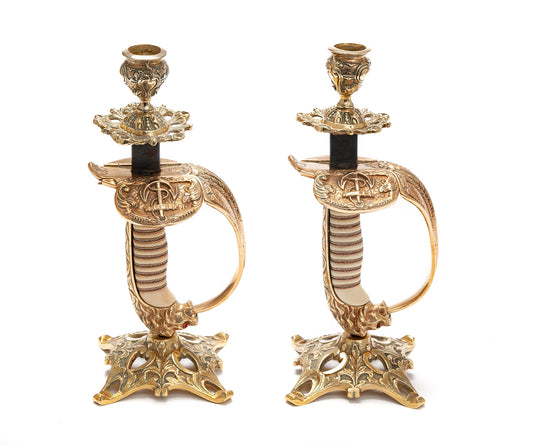 Pair Antique Candlesticks Converted Imperial German Naval Officers WW1 Swords (Code 2082)