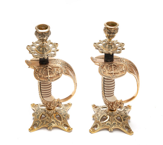 Pair Antique Candlesticks Converted Imperial German Naval Officers WW1 Swords (Code 2082)