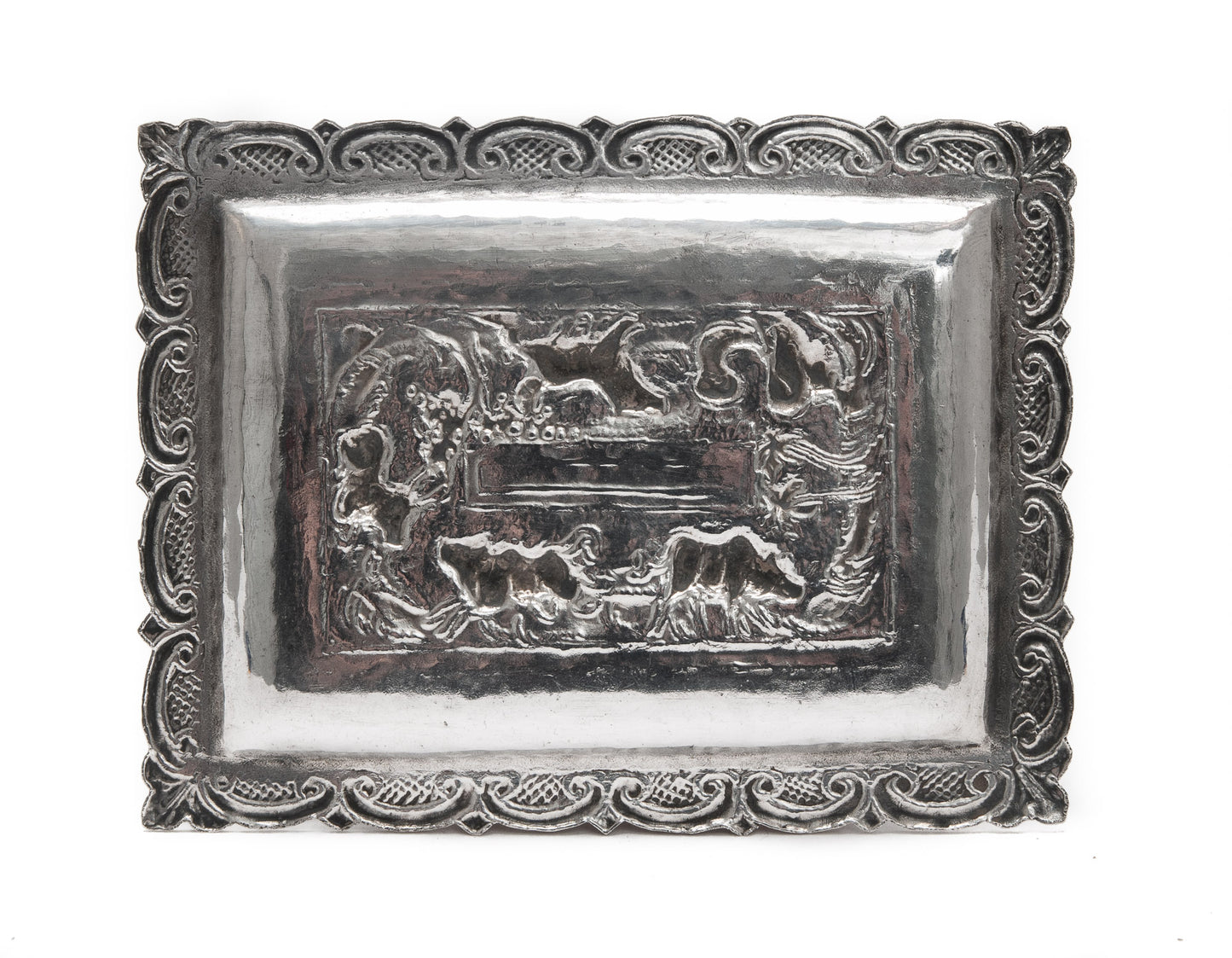 Antique Indian Silver Repousse Rectangular Trinket Dish - Lucknow c1900 (Code 2084)