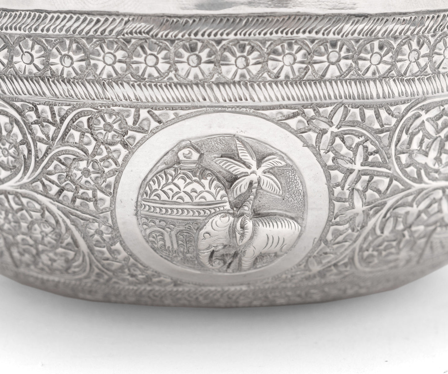 Antique Ceylonese (Sri Lankan) White Metal/Silver Offering Bowl with Elephants (Code 2116)