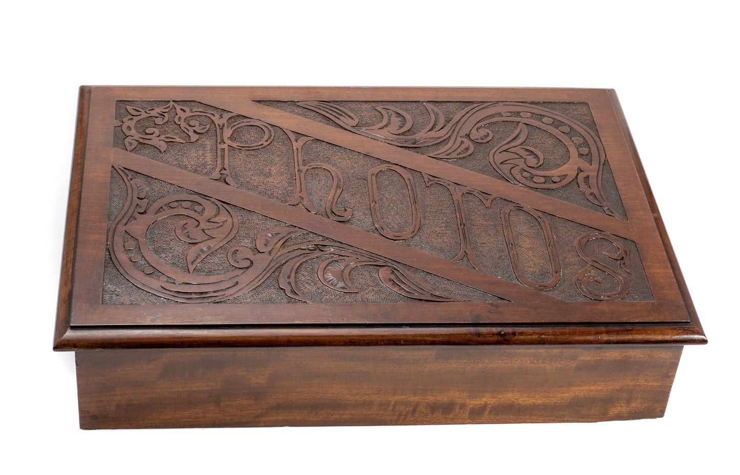 Antique Photo Box In Mahogany Wood With Carved Panel - Victorian/Edwardian c1900 (Code 2148)