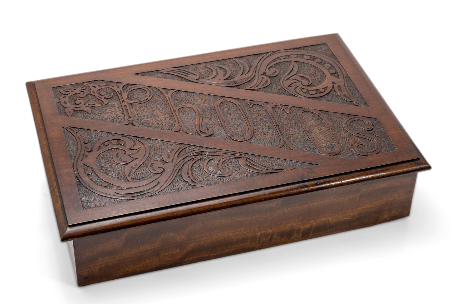 Antique Photo Box In Mahogany Wood With Carved Panel - Victorian/Edwardian c1900 (Code 2148)
