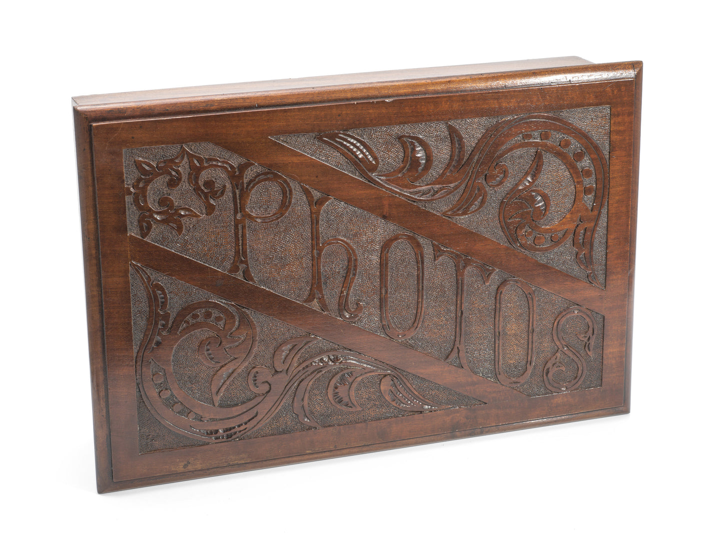 Antique Photo Box In Mahogany Wood With Carved Panel - Victorian/Edwardian c1900 (Code 2148)
