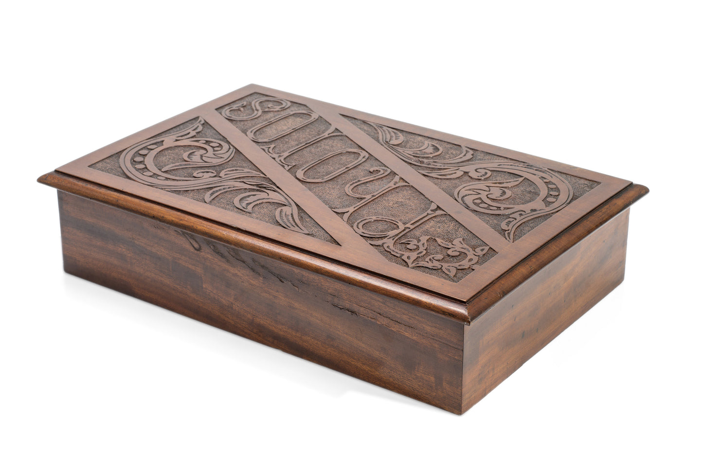 Antique Photo Box In Mahogany Wood With Carved Panel - Victorian/Edwardian c1900 (Code 2148)