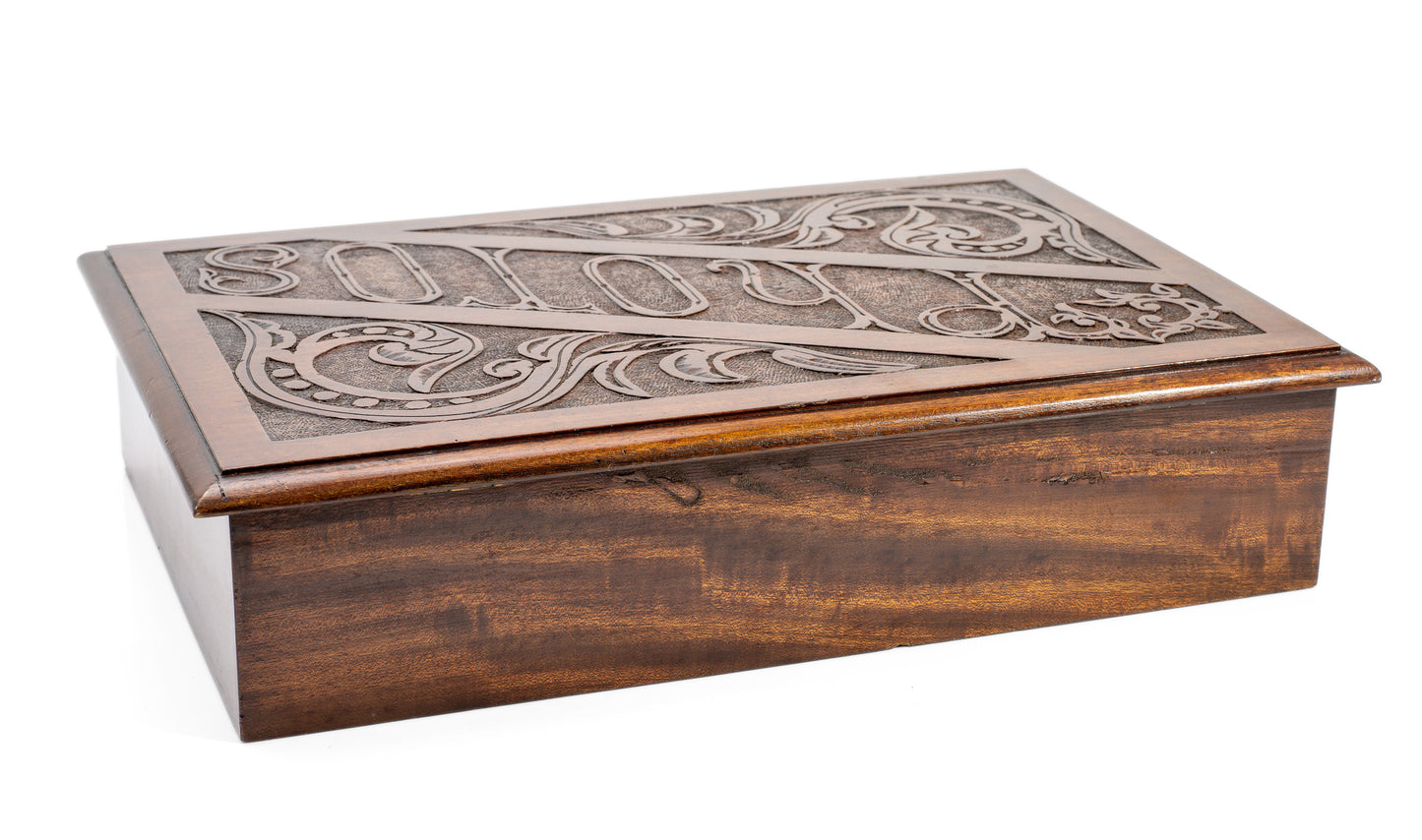 Antique Photo Box In Mahogany Wood With Carved Panel - Victorian/Edwardian c1900 (Code 2148)