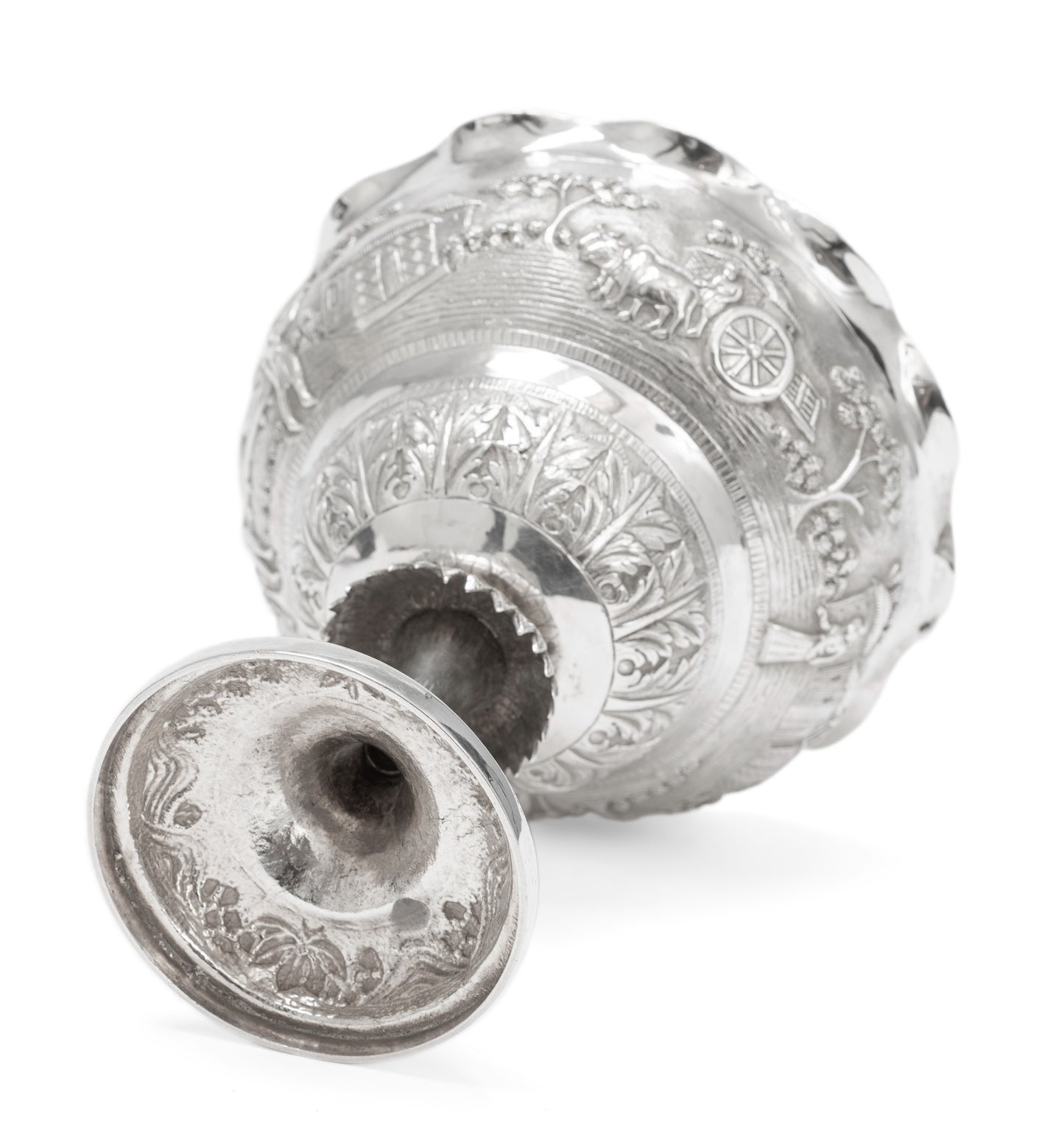 Antique Indian Calcutta Silver Repousse Pedestal Sweetmeat Dish - Village Scene (Code 2155)