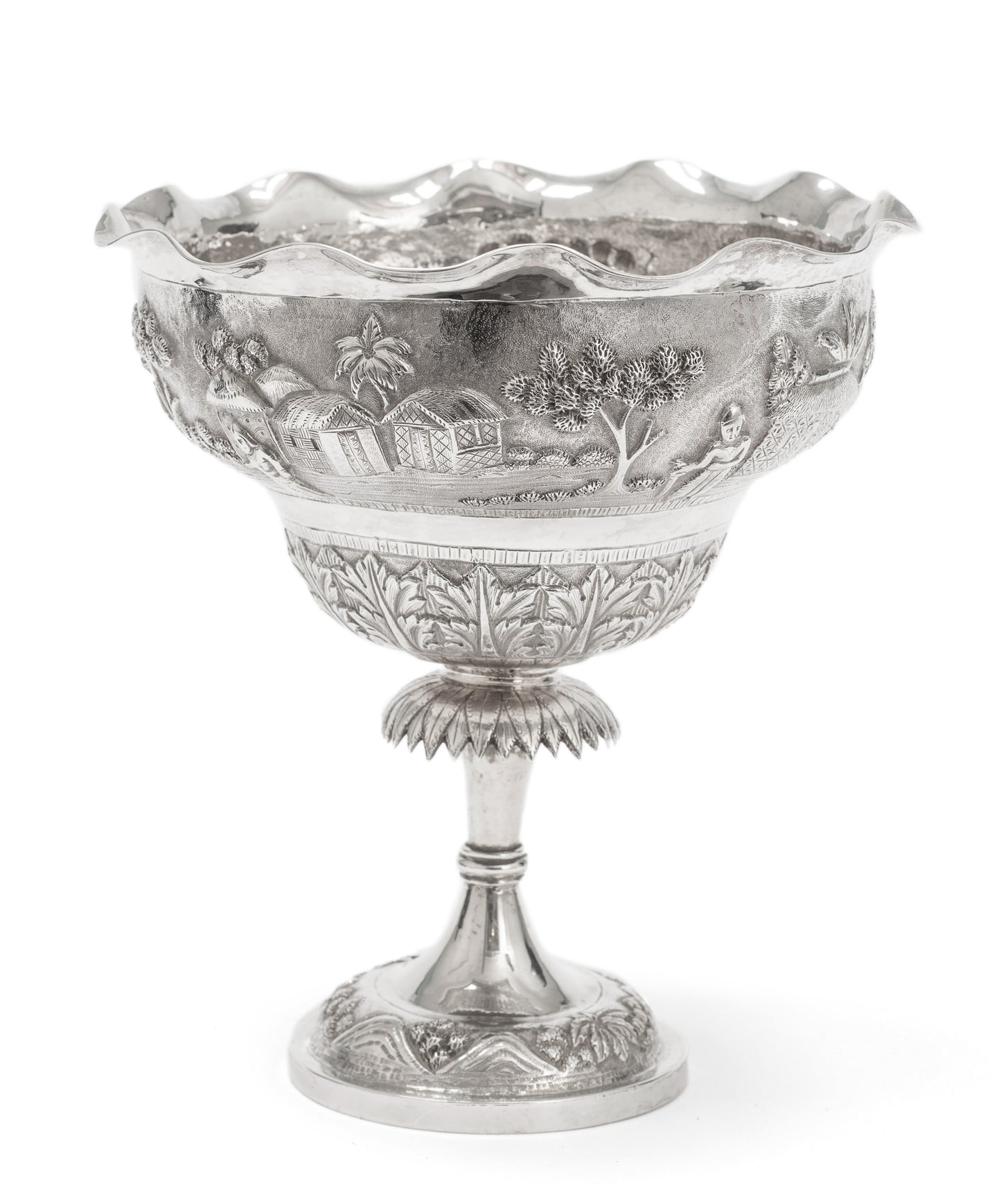 Antique Indian Calcutta Silver Repousse Pedestal Sweetmeat Dish - Village Scene (Code 2155)