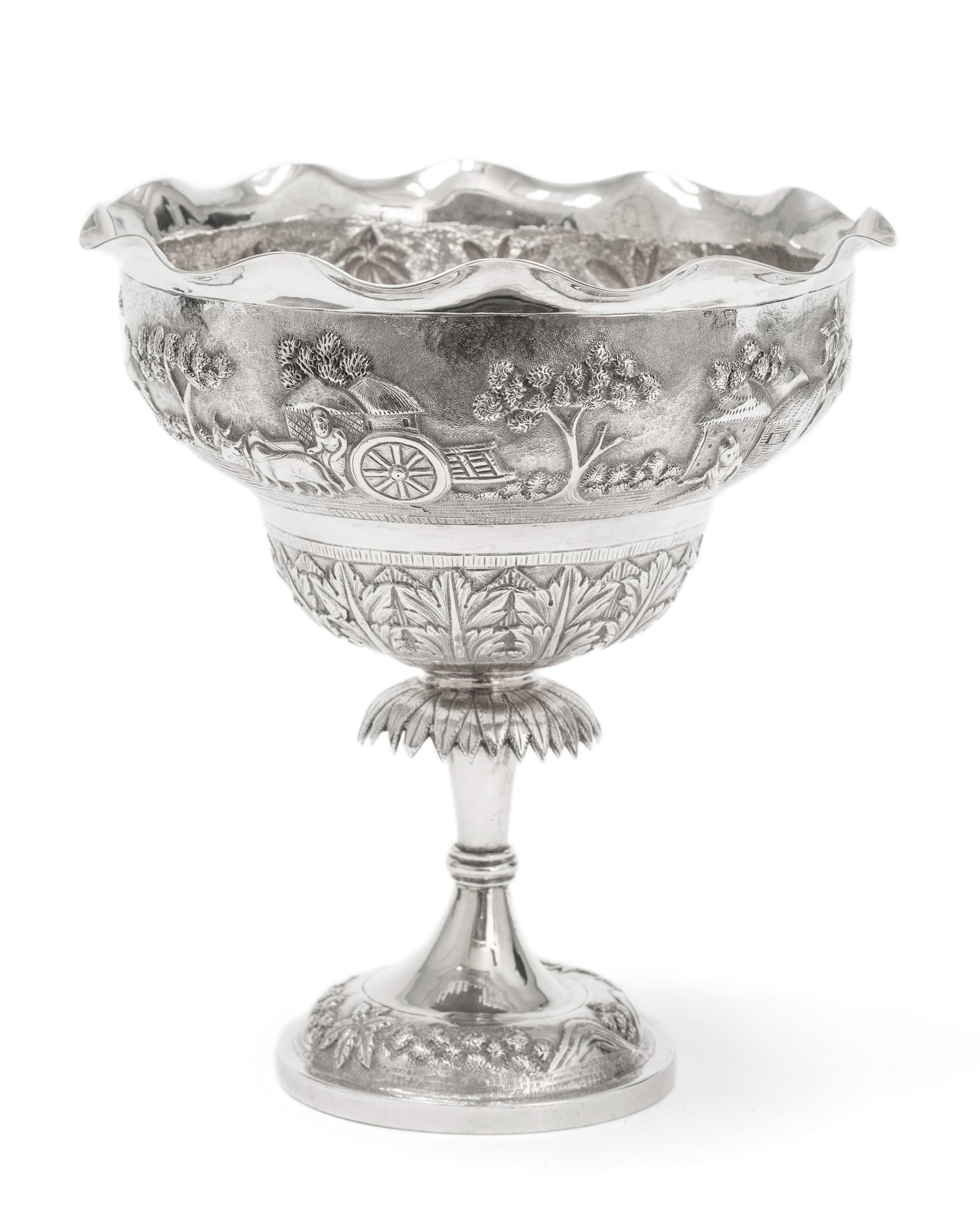 Antique Indian Calcutta Silver Repousse Pedestal Sweetmeat Dish - Village Scene (Code 2155)