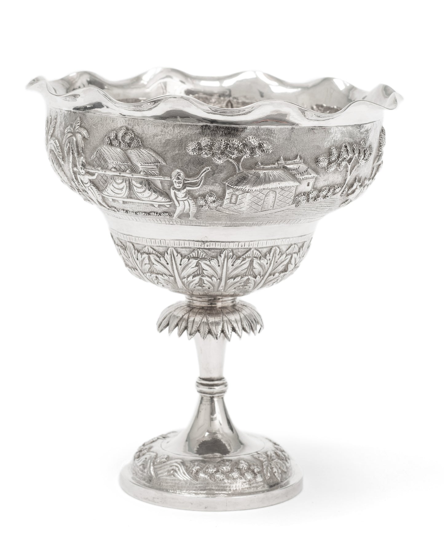 Antique Indian Calcutta Silver Repousse Pedestal Sweetmeat Dish - Village Scene (Code 2155)