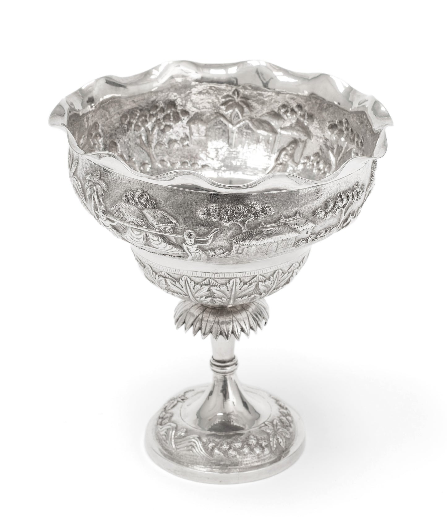 Antique Indian Calcutta Silver Repousse Pedestal Sweetmeat Dish - Village Scene (Code 2155)