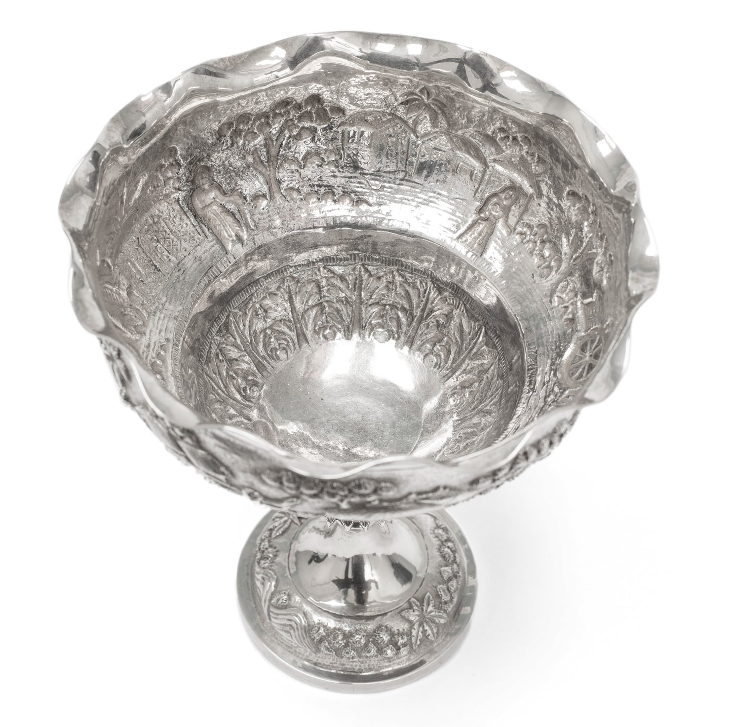 Antique Indian Calcutta Silver Repousse Pedestal Sweetmeat Dish - Village Scene (Code 2155)
