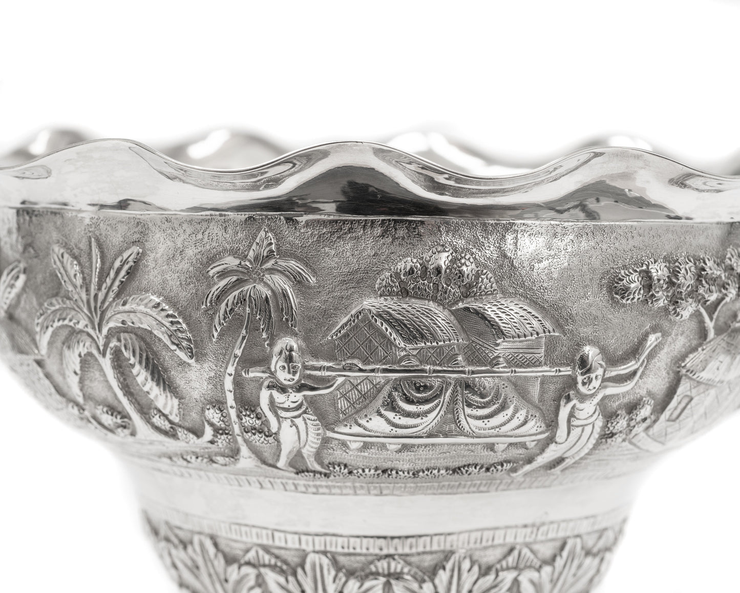 Antique Indian Calcutta Silver Repousse Pedestal Sweetmeat Dish - Village Scene (Code 2155)