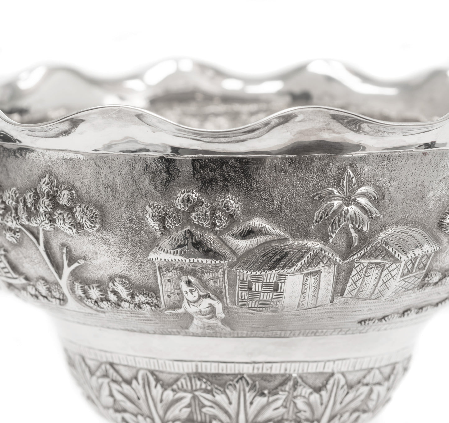 Antique Indian Calcutta Silver Repousse Pedestal Sweetmeat Dish - Village Scene (Code 2155)