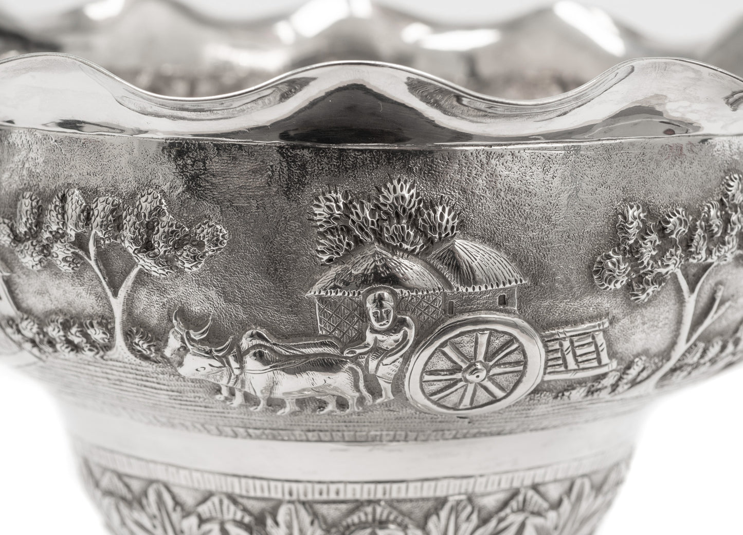 Antique Indian Calcutta Silver Repousse Pedestal Sweetmeat Dish - Village Scene (Code 2155)