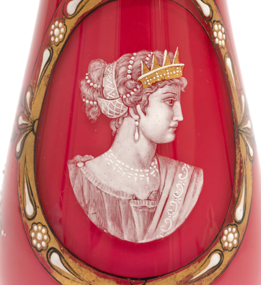 Antique Bohemian Art Glass Vase with Enamel Classical Cameo Portrait c1880 (Code 2160)