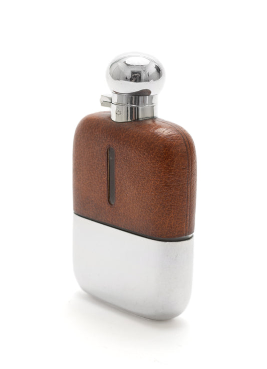 Antique James Dixon & Sons Leather & Silver Plated Hip Flask c1920 (Code 2184)