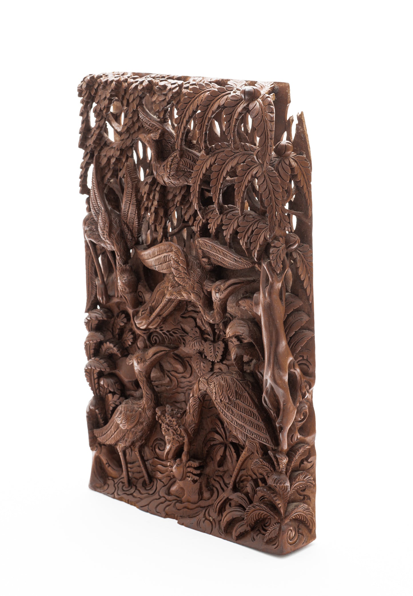 Balinese Carved 3D Wood Panel The Stork & Crab from the Tantri Kamandaka (Code 2206)