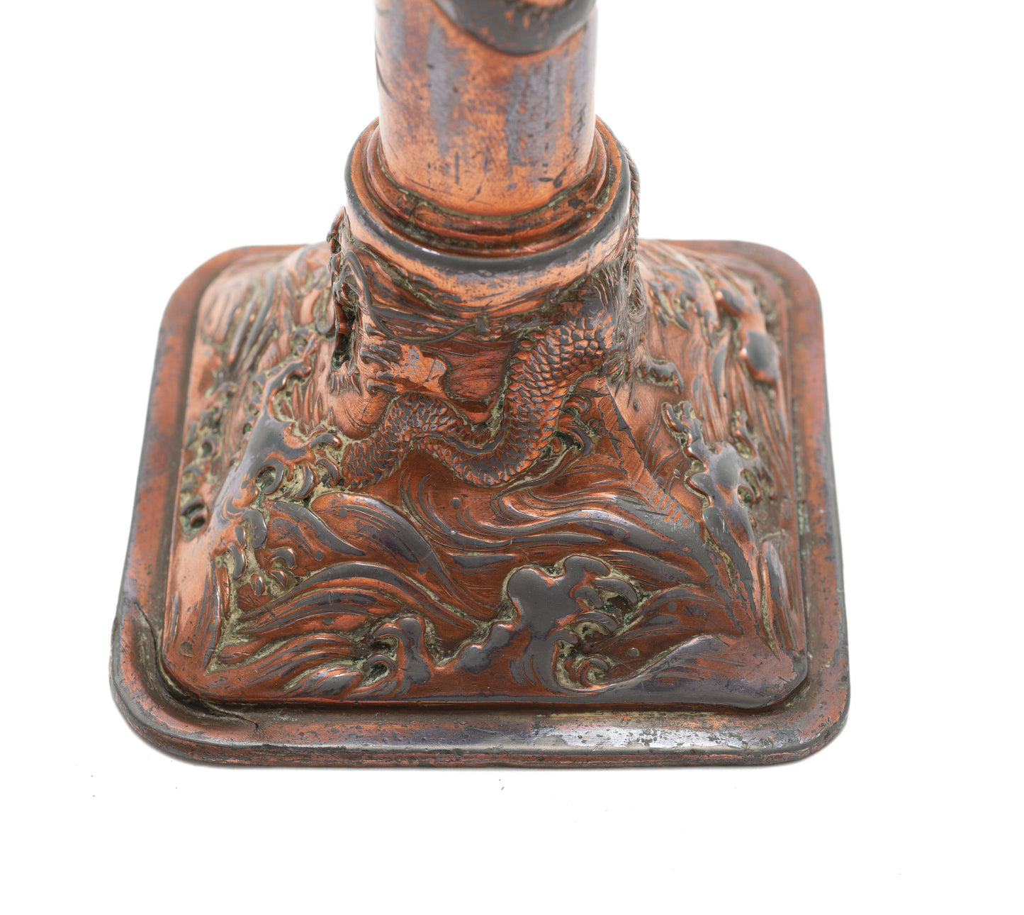 Antique Japanese Antimony & Copper Plated Candlestick with Dragons (Code 2210)