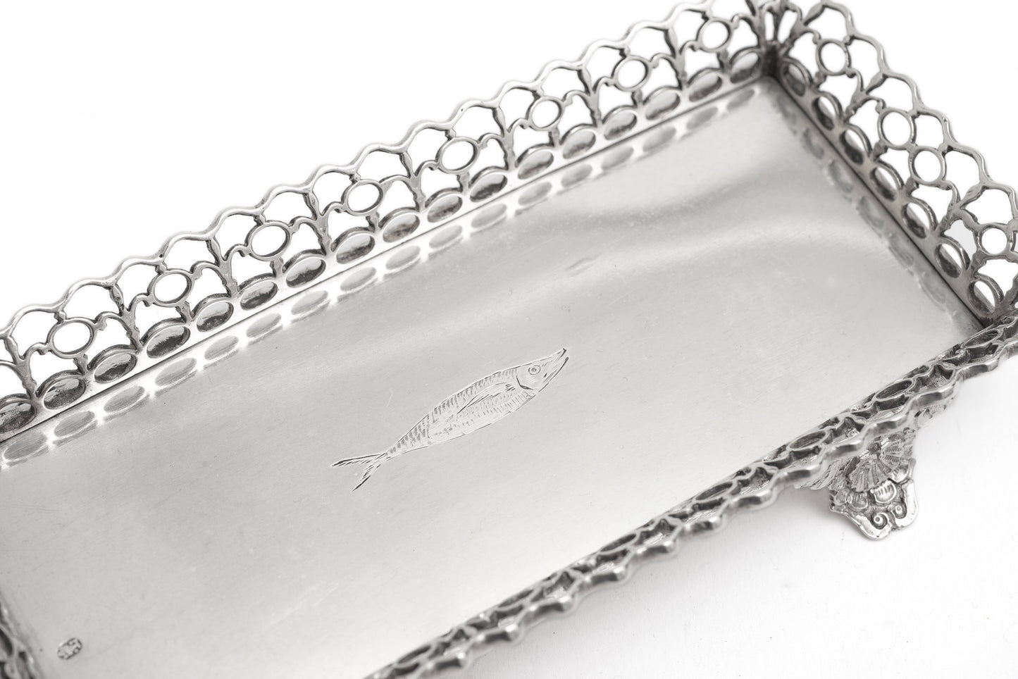 Antique Portuguese Silver Small Gallery Tray with Sardine & Lisbon Mark c1830 (Code 2256)