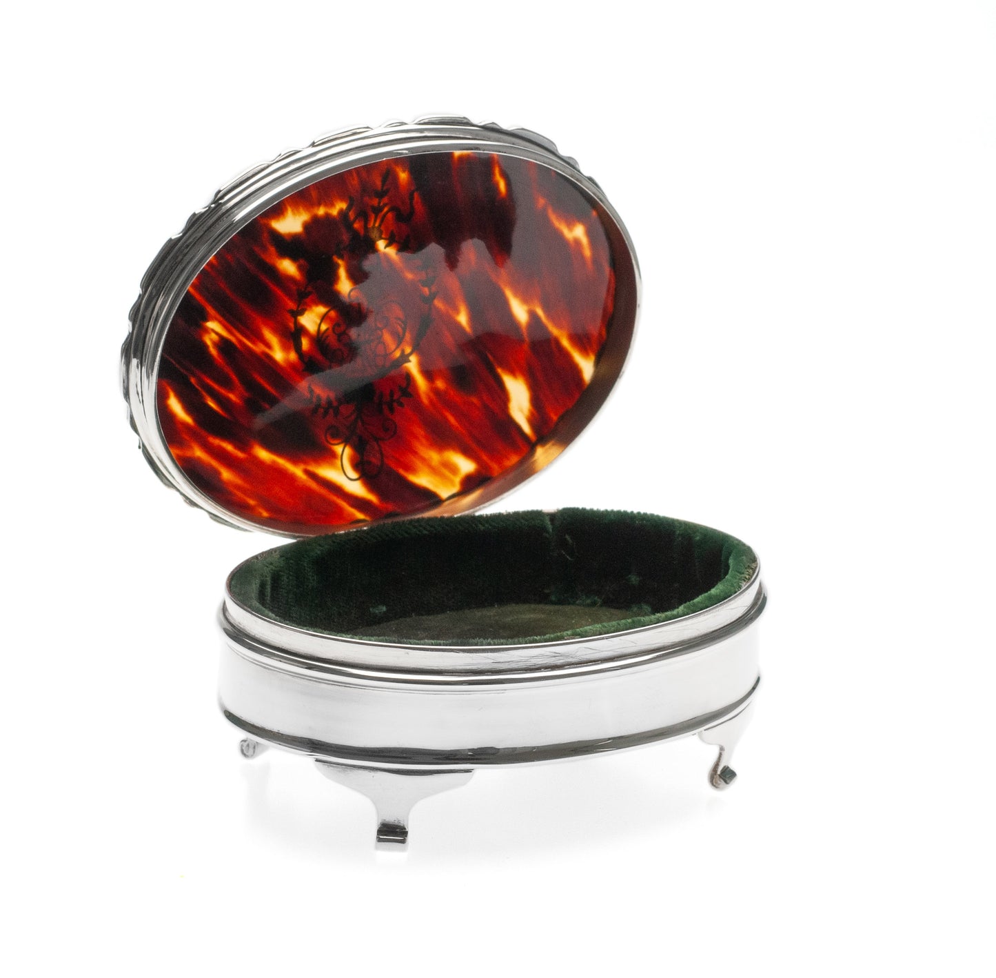 Antique Sterling Silver Ring / Jewel Box with Inlaid Lid & Fabric Lined Interior (Code 2302)