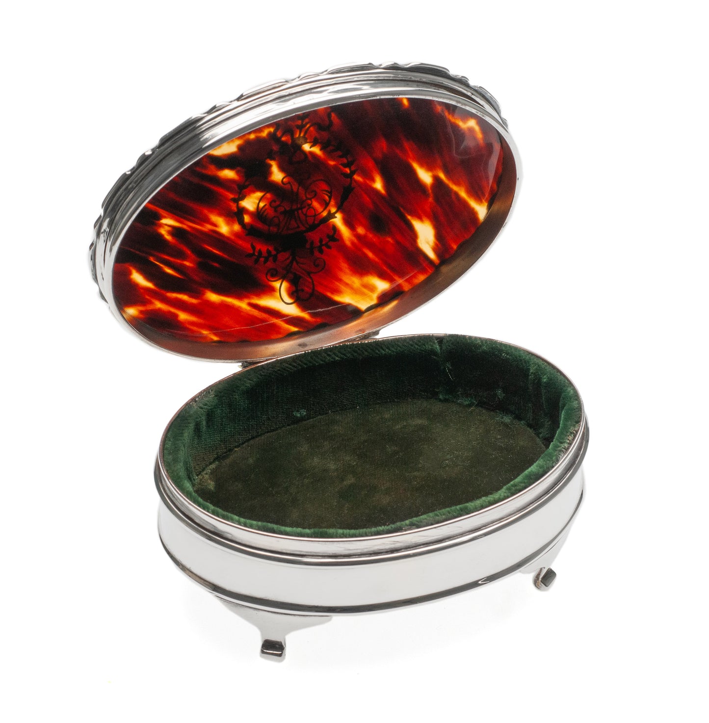 Antique Sterling Silver Ring / Jewel Box with Inlaid Lid & Fabric Lined Interior (Code 2302)