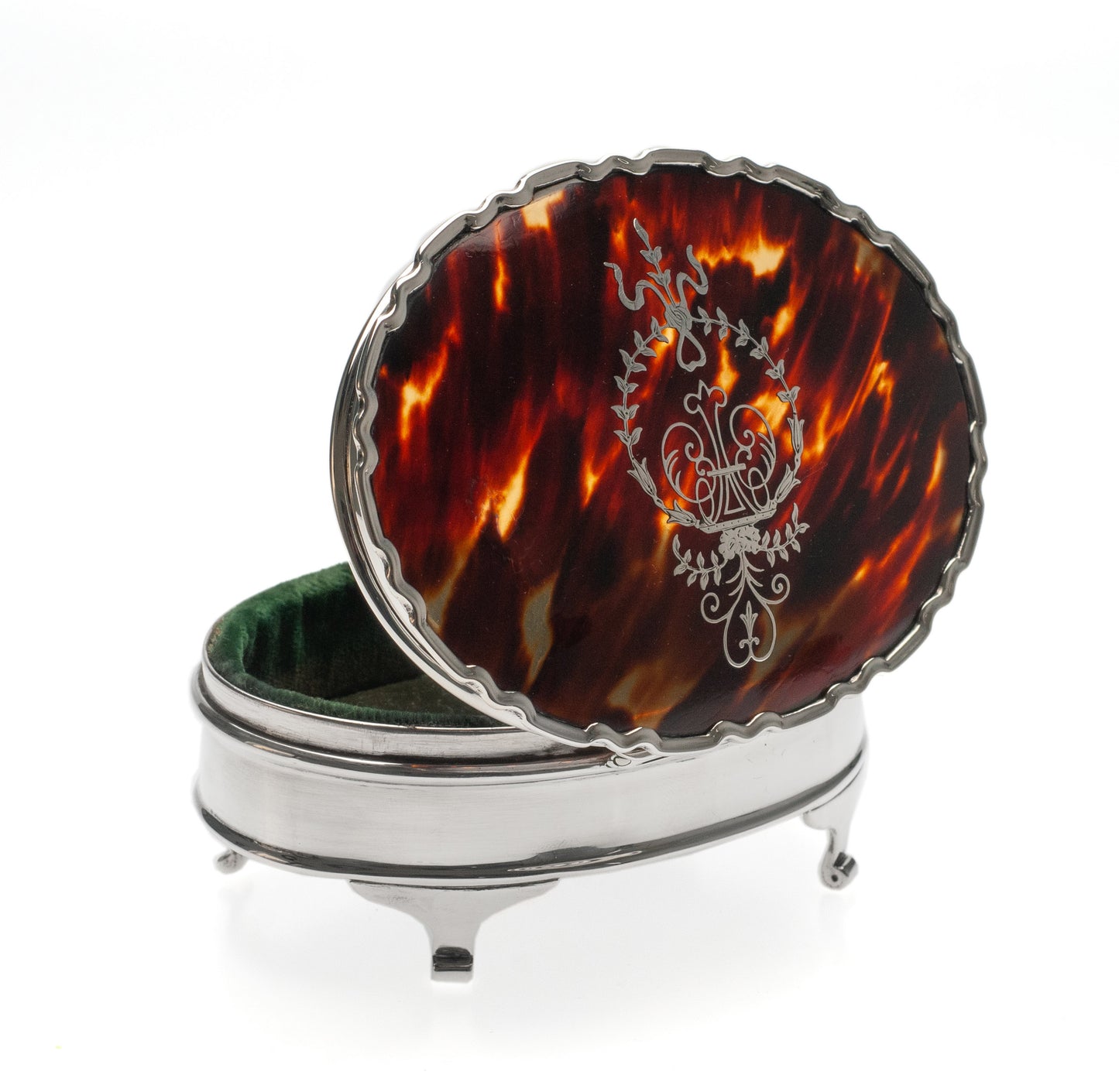 Antique Sterling Silver Ring / Jewel Box with Inlaid Lid & Fabric Lined Interior (Code 2302)