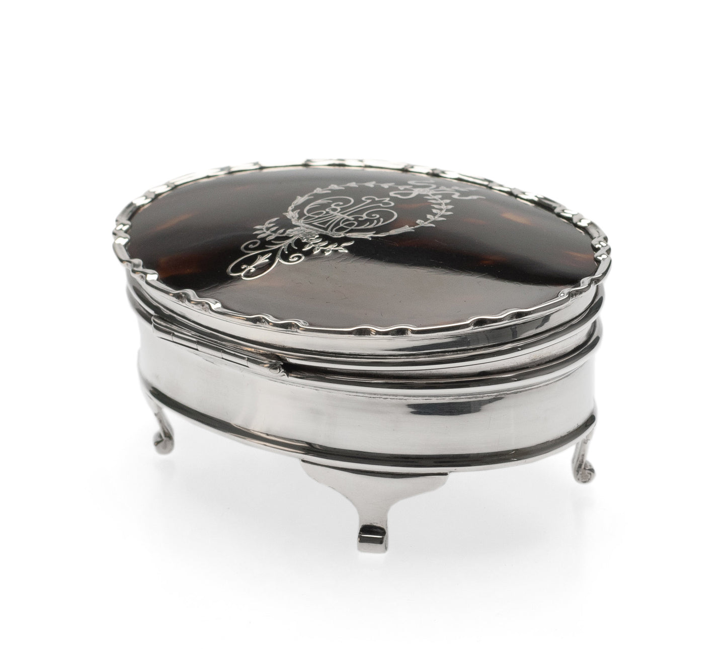 Antique Sterling Silver Ring / Jewel Box with Inlaid Lid & Fabric Lined Interior (Code 2302)