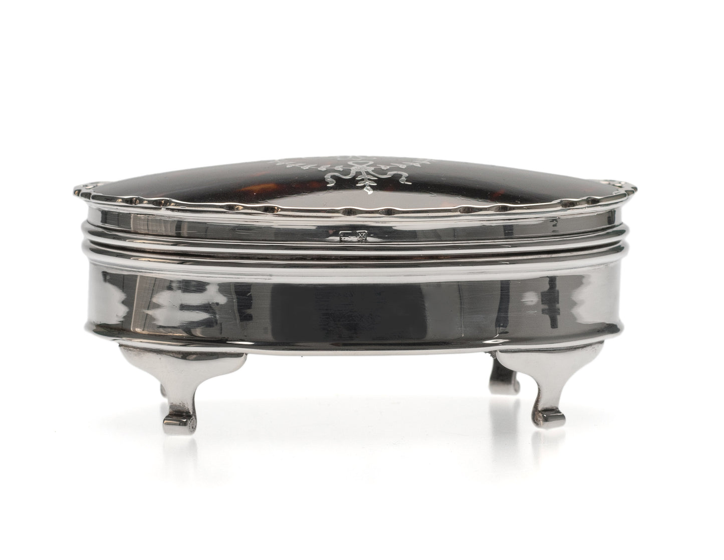 Antique Sterling Silver Ring / Jewel Box with Inlaid Lid & Fabric Lined Interior (Code 2302)