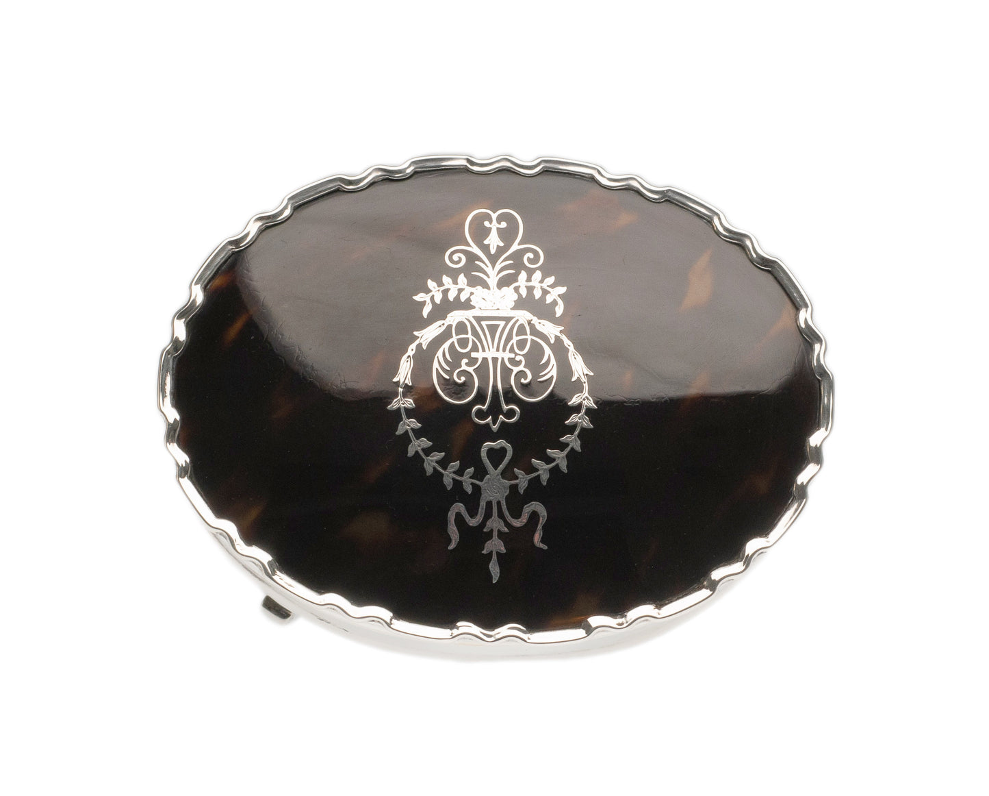 Antique Sterling Silver Ring / Jewel Box with Inlaid Lid & Fabric Lined Interior (Code 2302)