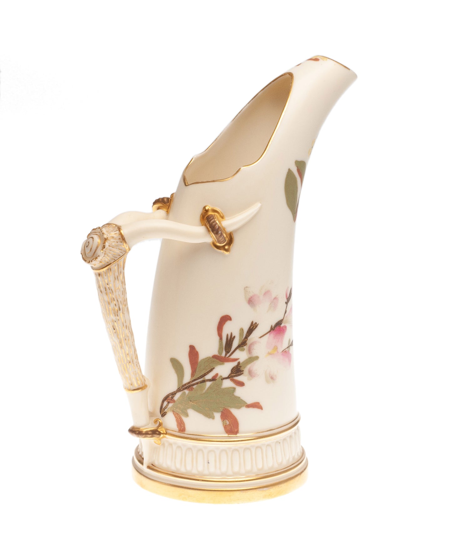 Antique Royal Worcester China Ivory Ground Tusk Jug with Pink & Blue Flowers (Code 2303)