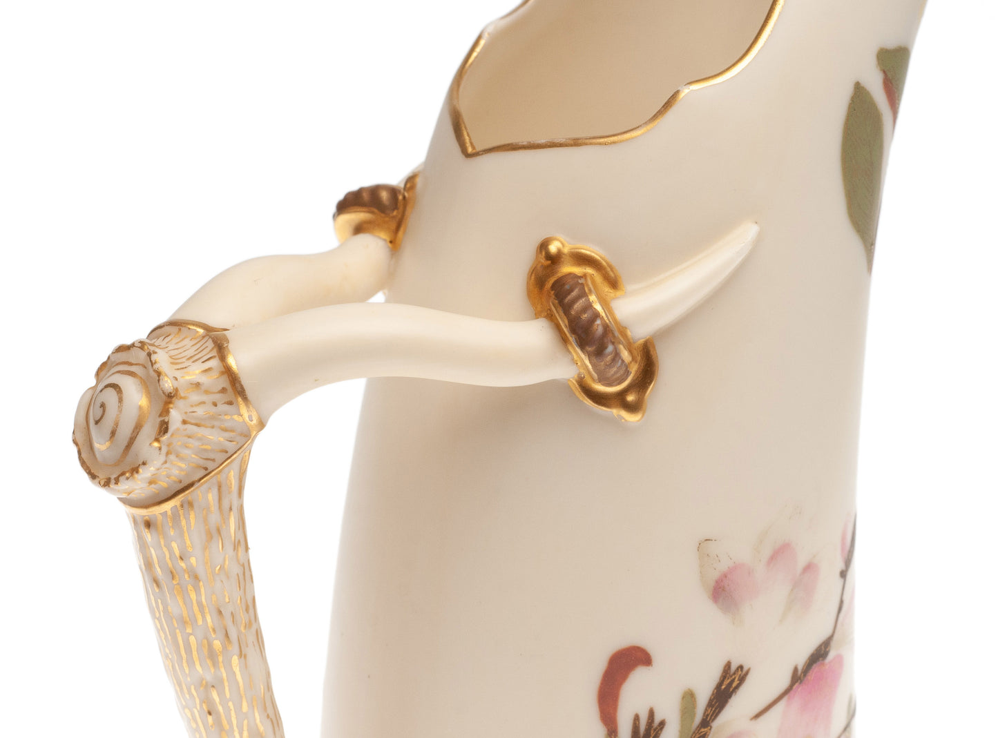 Antique Royal Worcester China Ivory Ground Tusk Jug with Pink & Blue Flowers (Code 2303)