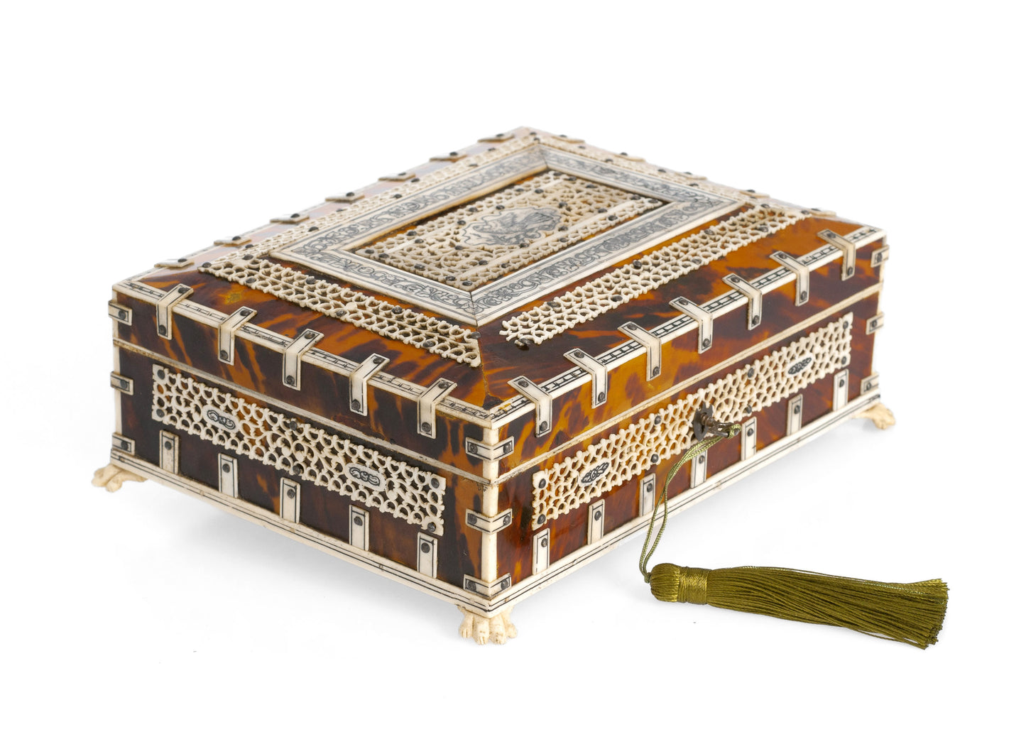 Indian Tortoiseshell & Bone Decorated Jewellery Box Vizagapatam Region c1900 (Code 2319)