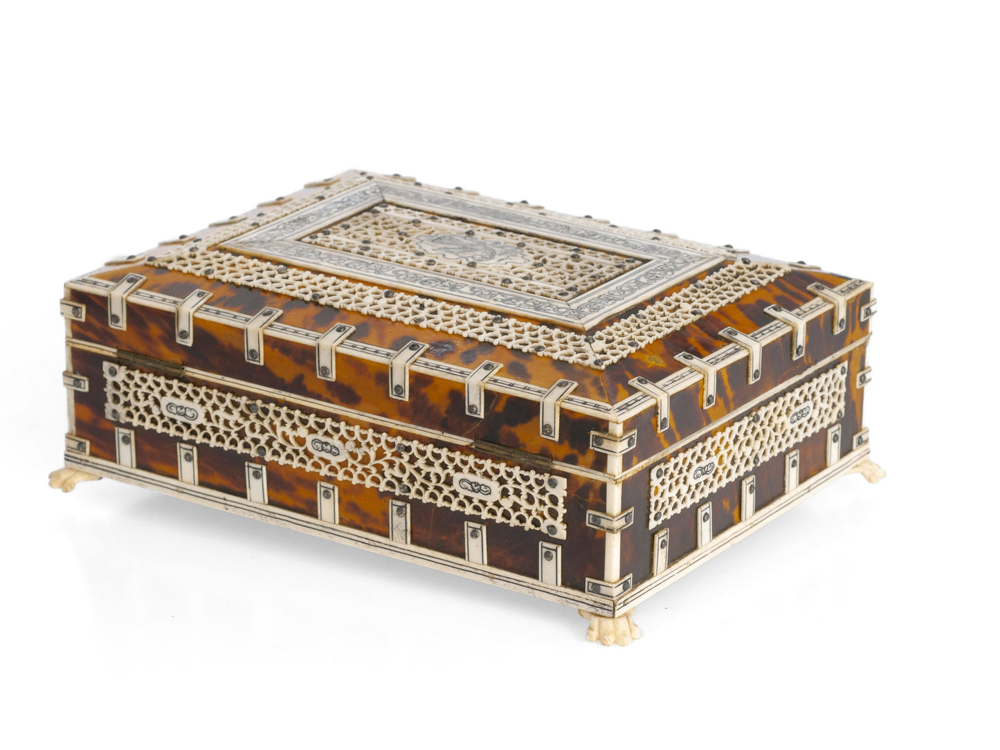 Indian Tortoiseshell & Bone Decorated Jewellery Box Vizagapatam Region c1900 (Code 2319)